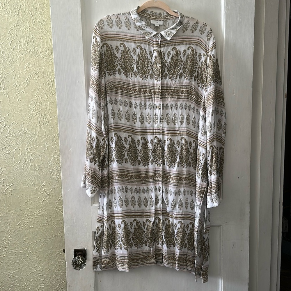 J. Jill Boho White Paisley Button Down Coverup Tunic Long Sleeve Blouse Top